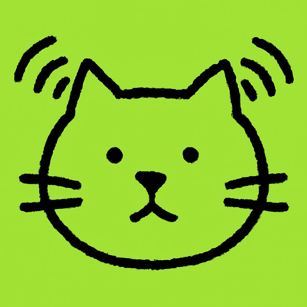 A flat sticker-style cat face with a tiny antenna ball on the tip of each whisker and jagged signal arcs radiating from them